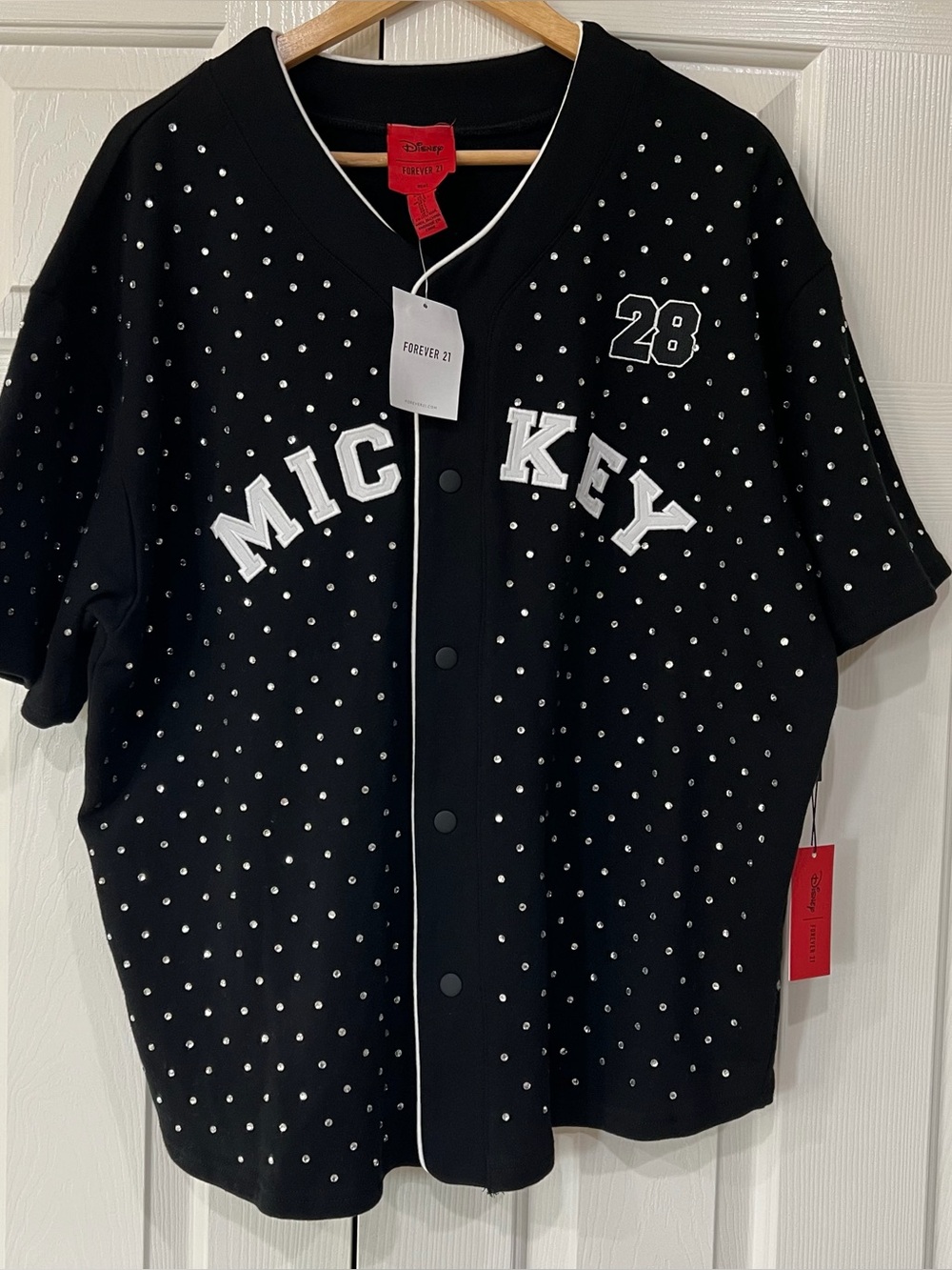 NWT Forever 21 Disney Mickey Mouse Embroidered Rhinestones Jersey Shirt Large